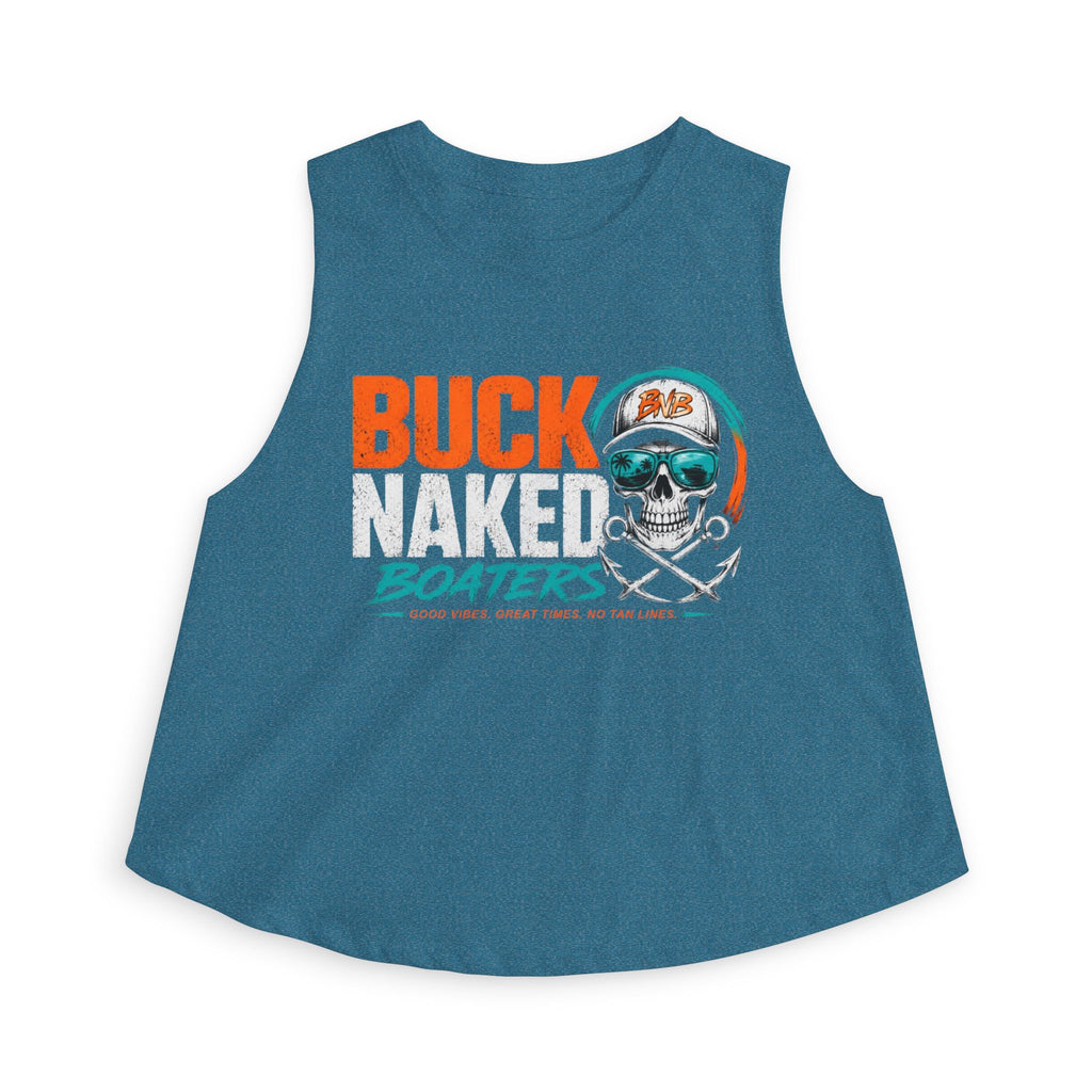 Women's Crop Tank Top — "Buck Naked Boaters" Skull Boating Graphic