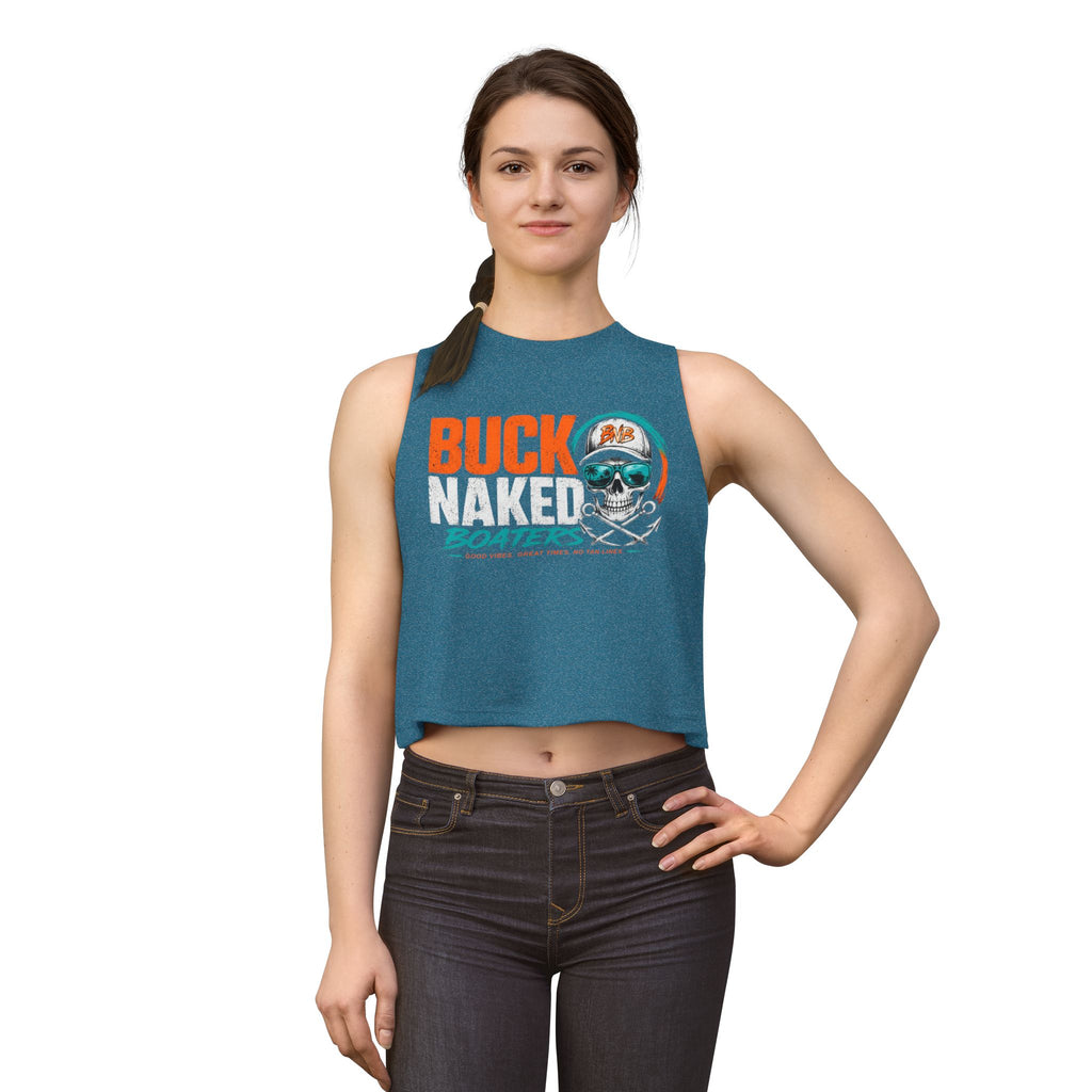 Women's Crop Tank Top — "Buck Naked Boaters" Skull Boating Graphic