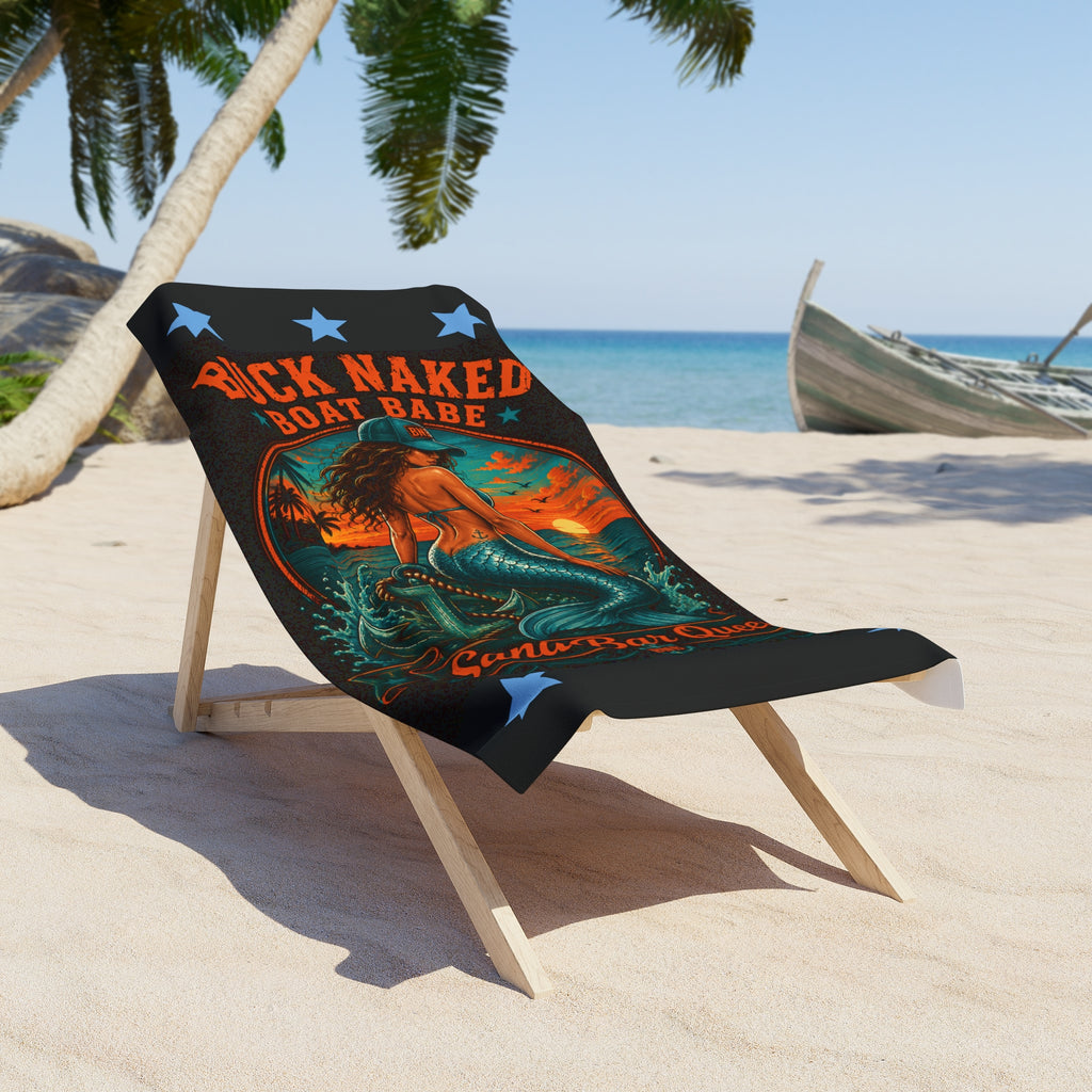 Beach Towel — 'Buck Naked Boat Babe' Retro Mermaid Anchor Design
