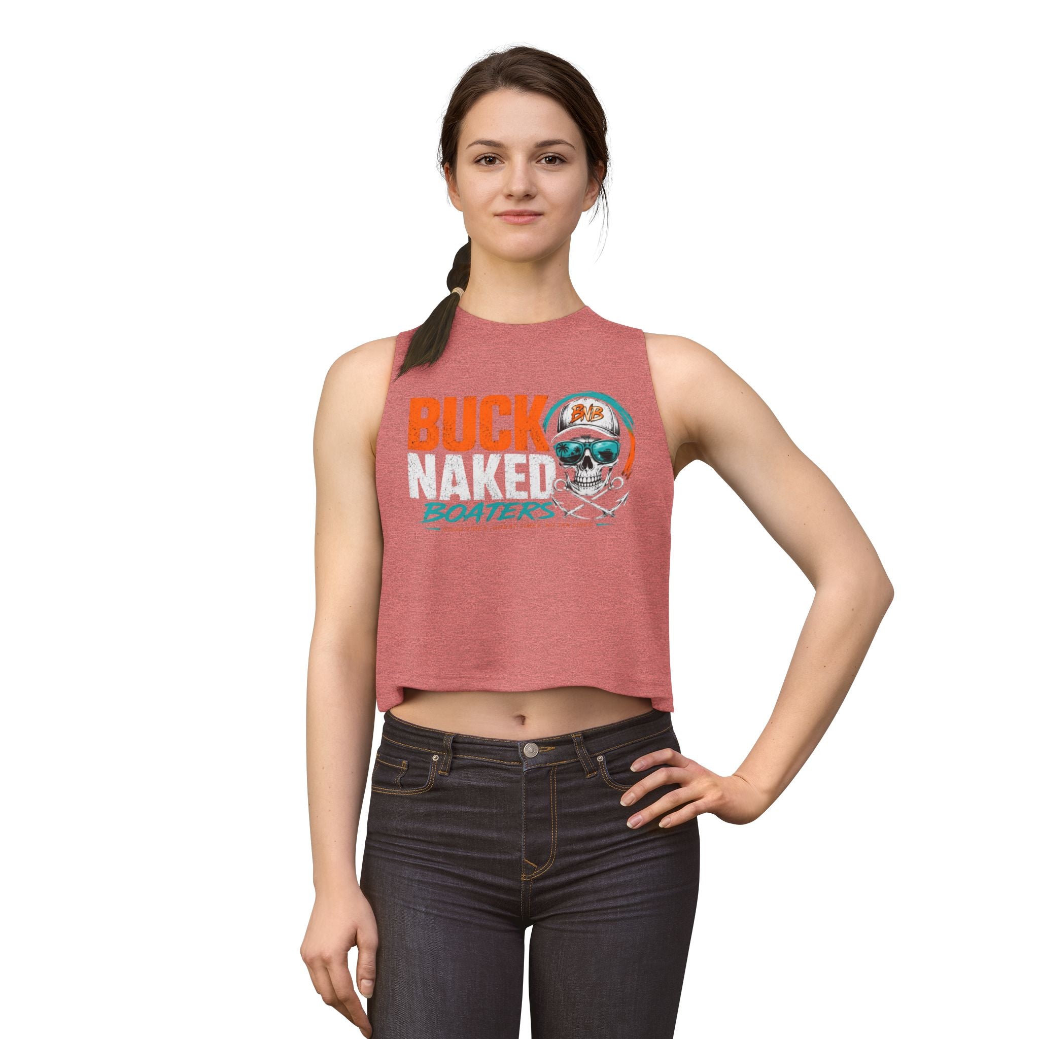 Women's Crop Tank Top — "Buck Naked Boaters" Skull Boating Graphic