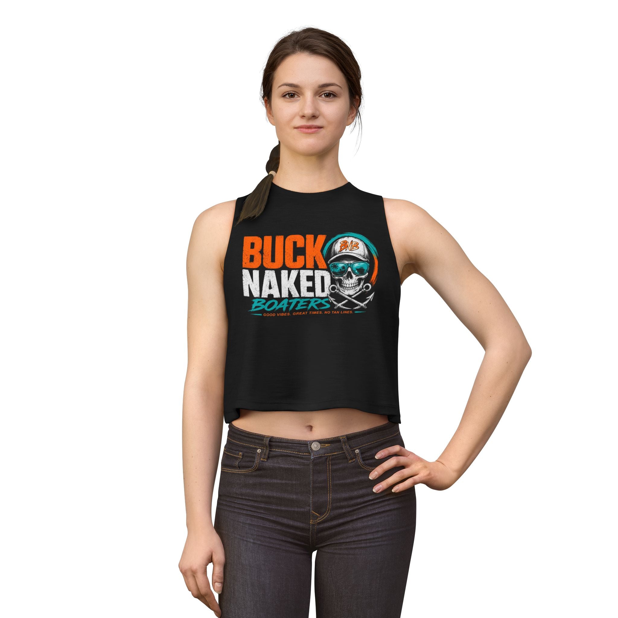 Women's Crop Tank Top — "Buck Naked Boaters" Skull Boating Graphic