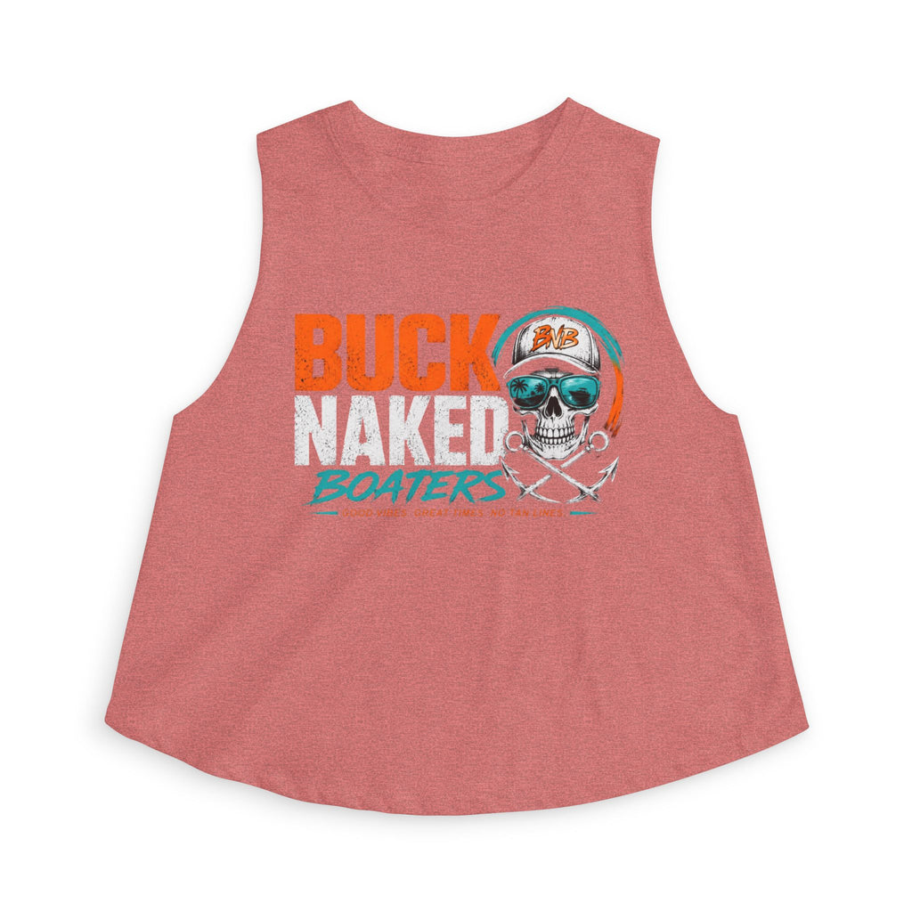 Women's Crop Tank Top — "Buck Naked Boaters" Skull Boating Graphic