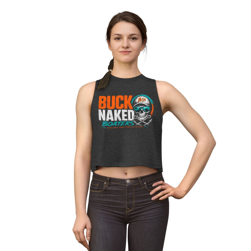 Women's Crop Tank Top — "Buck Naked Boaters" Skull Boating Graphic