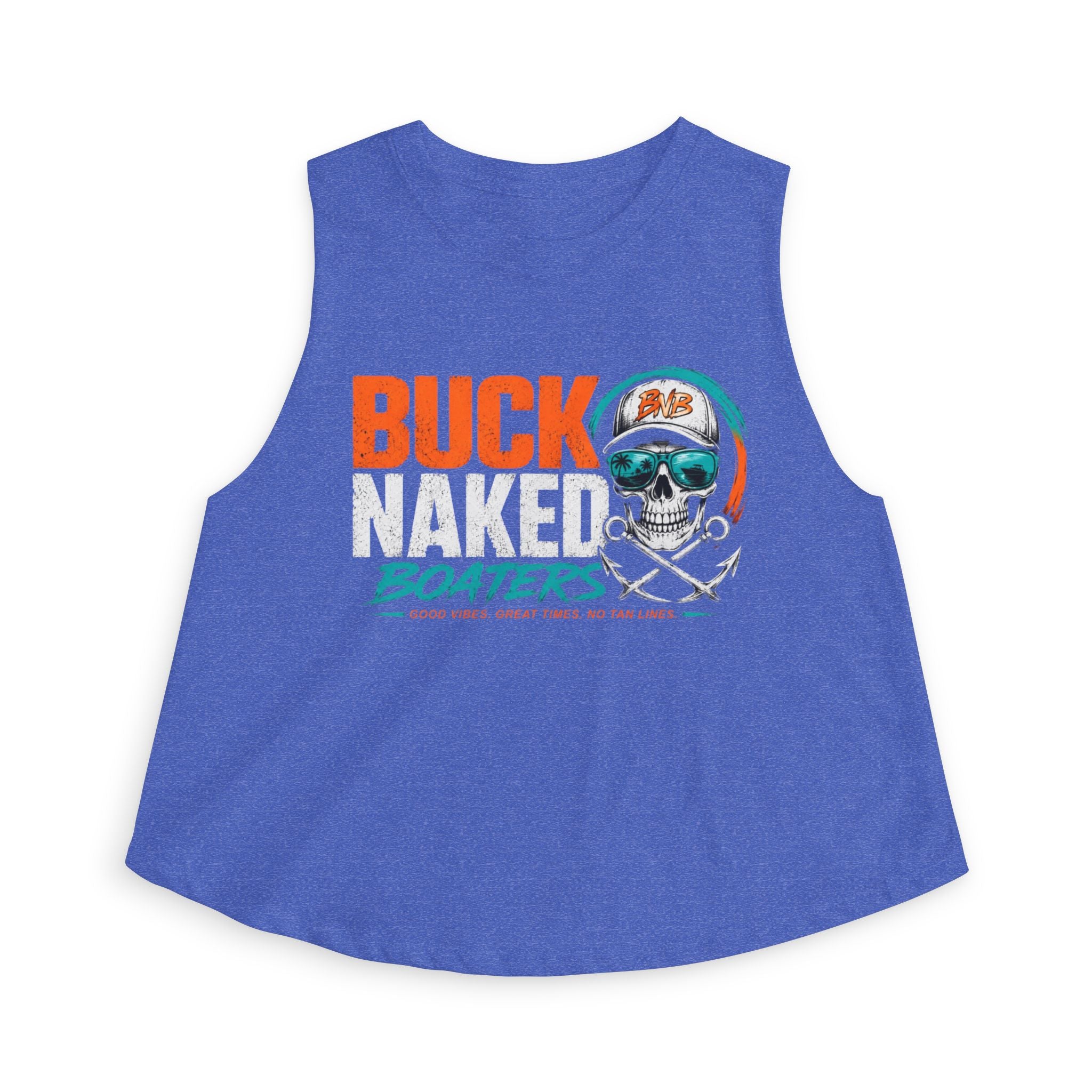 Women's Crop Tank Top — "Buck Naked Boaters" Skull Boating Graphic