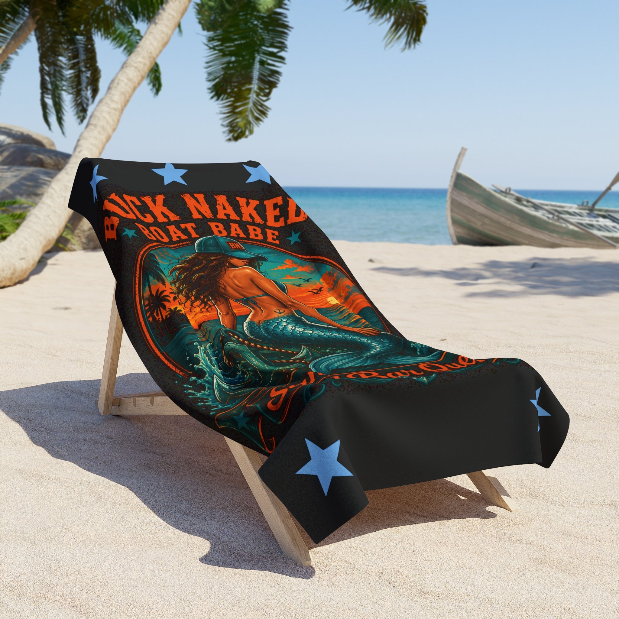 Beach Towel — 'Buck Naked Boat Babe' Retro Mermaid Anchor Design