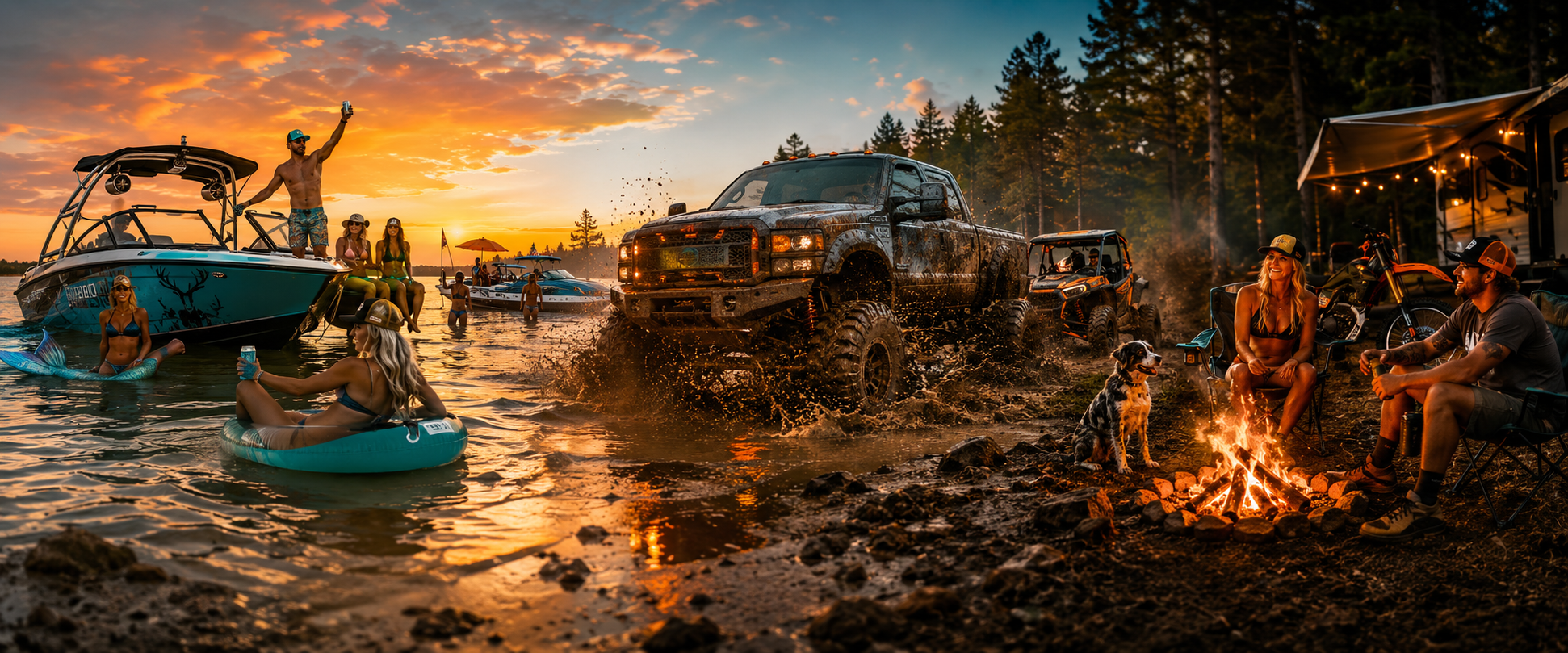 Buck Naked Store lifestyle banner with boating, mudding and campfire crews